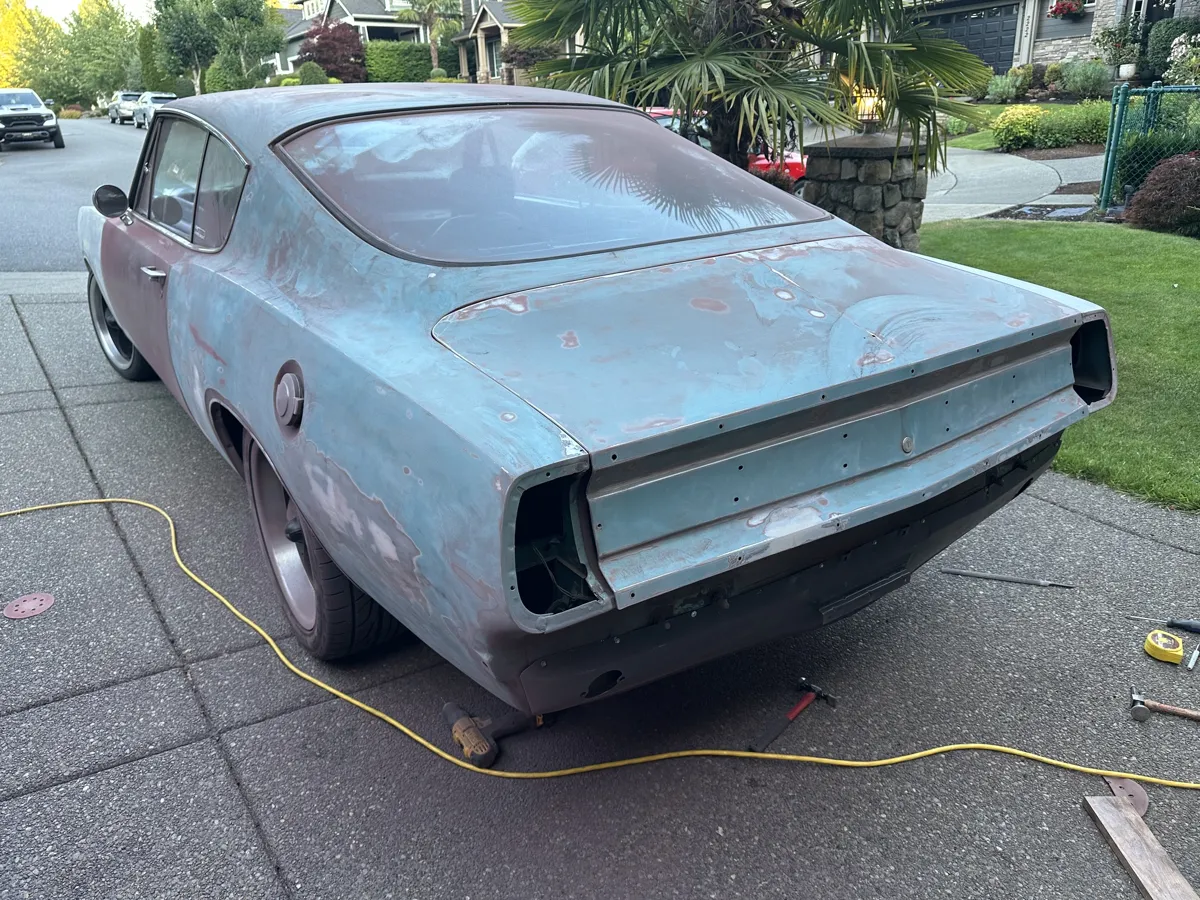 Sanding off the old paint - 1967 Plymouth Barracuda