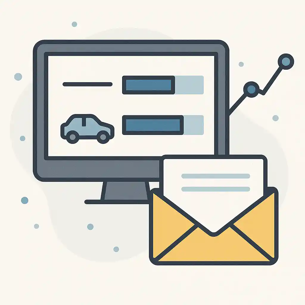 Illustration of a computer displaying bar charts and a car icon, with a graph and an open email envelope in the foreground to represent weekly ride insights notifications.