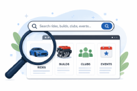 Illustration of a search feature showing results for rides, builds, clubs, and events.